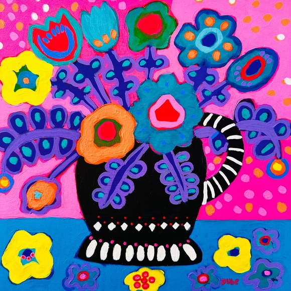 Original Painting Colorful Collectible Flowers 12" x 12" Wood One-of-a-Kind - Picture 4 of 8